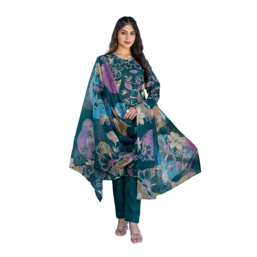 HD Women's Cotton Blend Printed Kurti With Pant Dupatta Set (Rama)