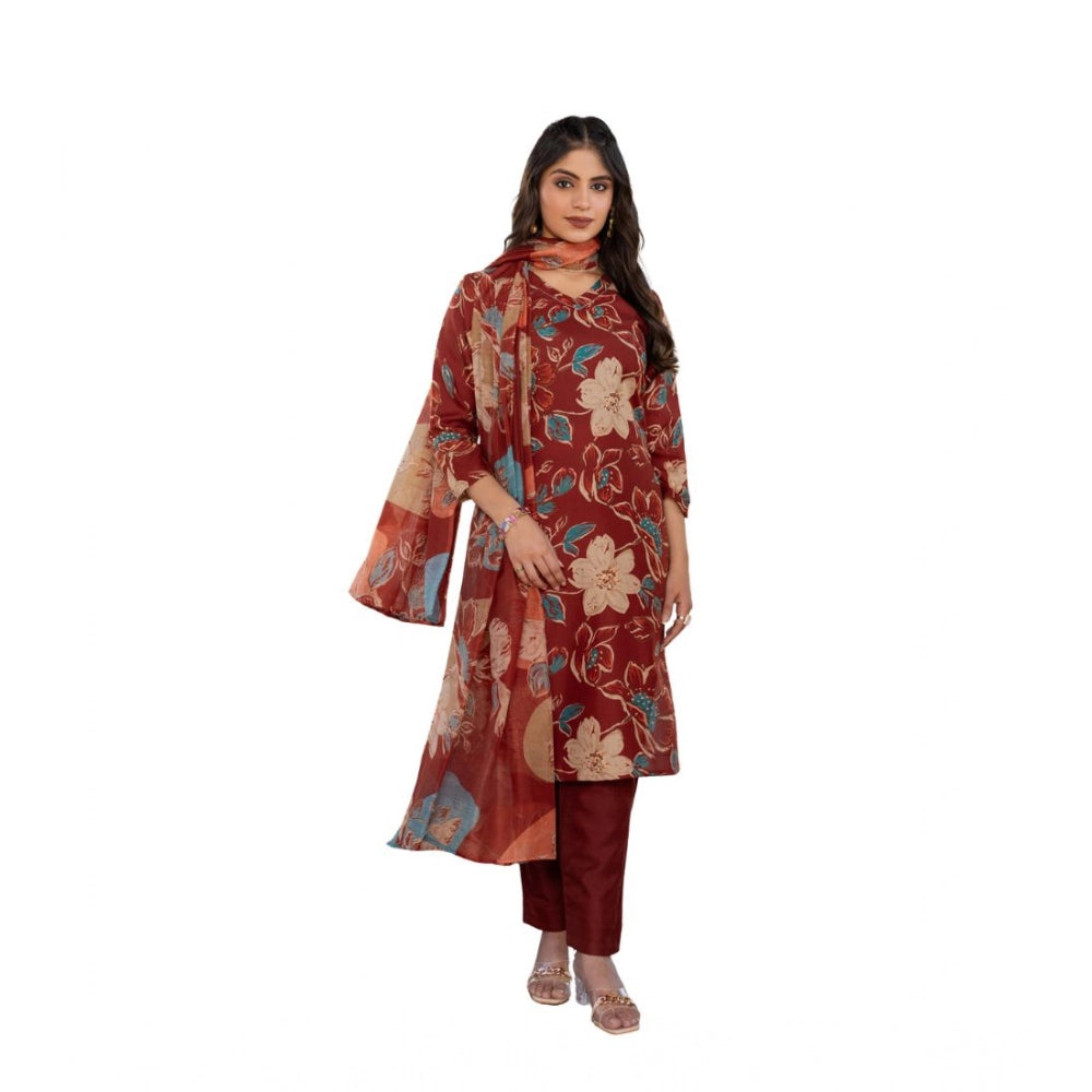 HD Women's Cotton Blend Printed Kurti With Pant Dupatta Set (Rust)