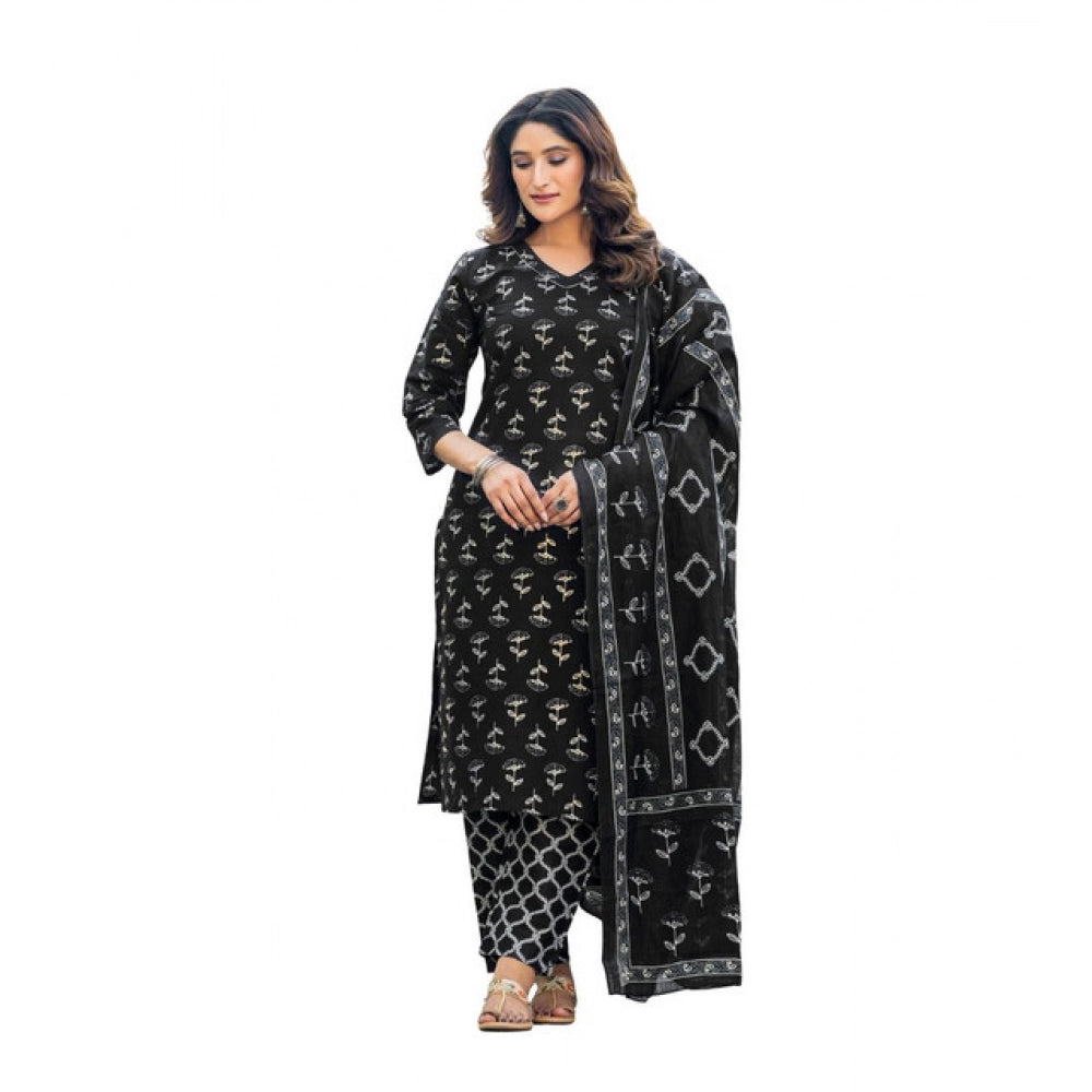 HD Women's Cotton Blend Printed Kurti With Pant Dupatta Set (Black)