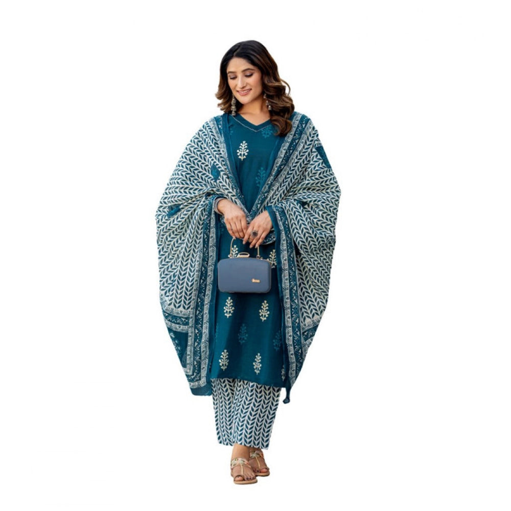 HD Women's Cotton Blend Printed Kurti With Pant Dupatta Set (Morpichh)