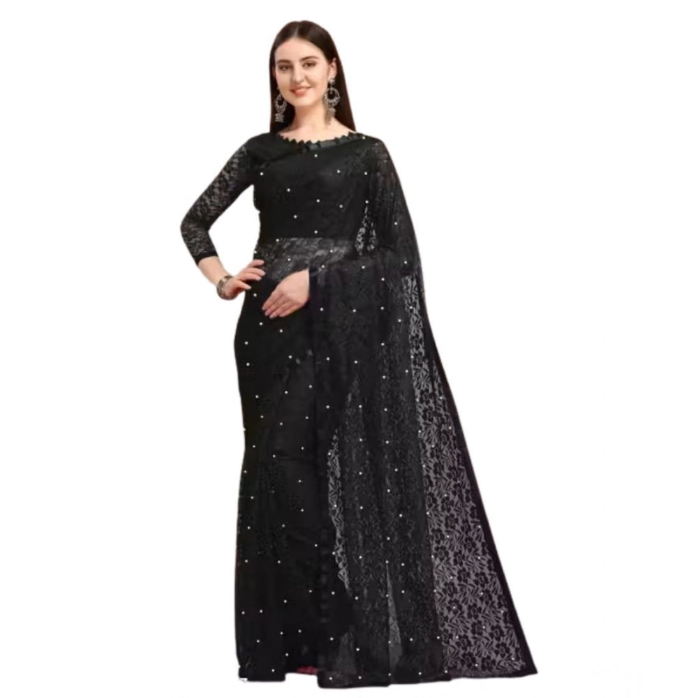 Women's Net Self Design Saree With Unstitched Blouse 5.5Mtr闁?Black)