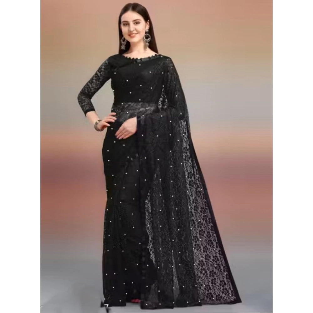 Women's Net Self Design Saree With Unstitched Blouse 5.5Mtr闁?Black)