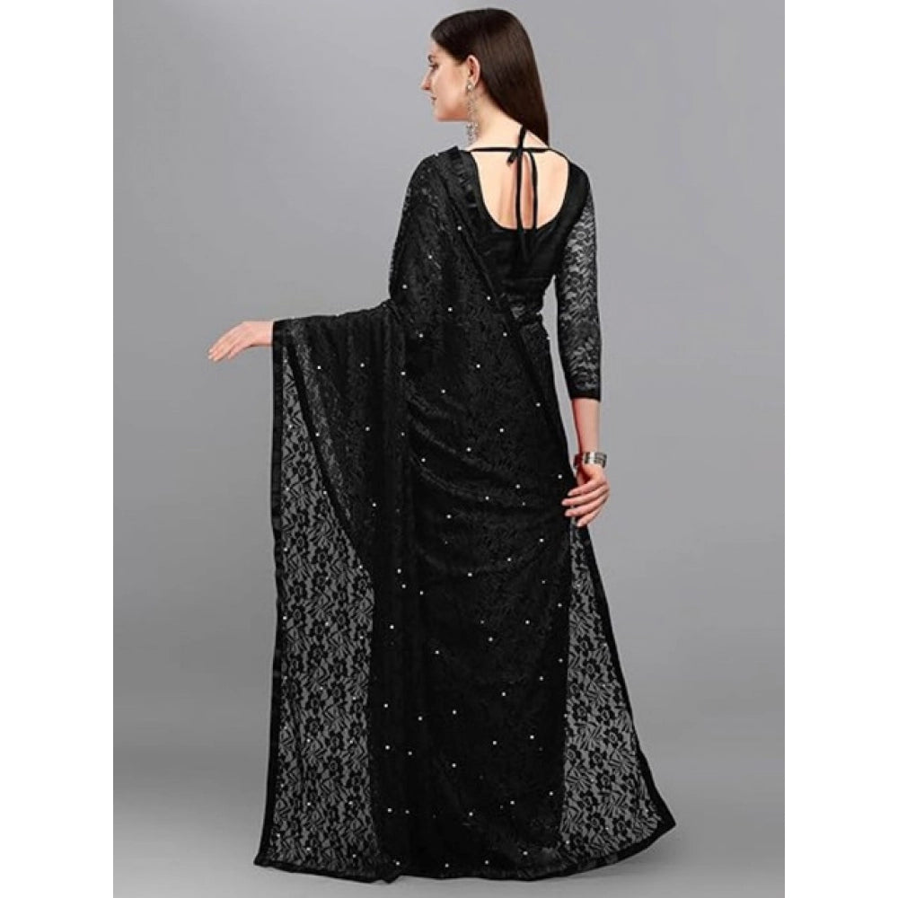 Women's Net Self Design Saree With Unstitched Blouse 5.5Mtr闁?Black)