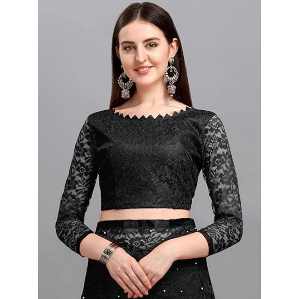 Women's Net Self Design Saree With Unstitched Blouse 5.5Mtr闁?Black)
