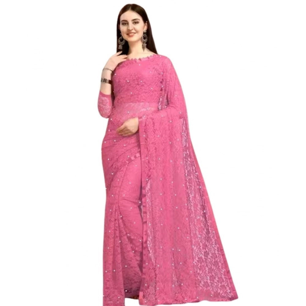 Women's Net Self Design Saree With Unstitched Blouse 5.5Mtr闁?Dark Pink)