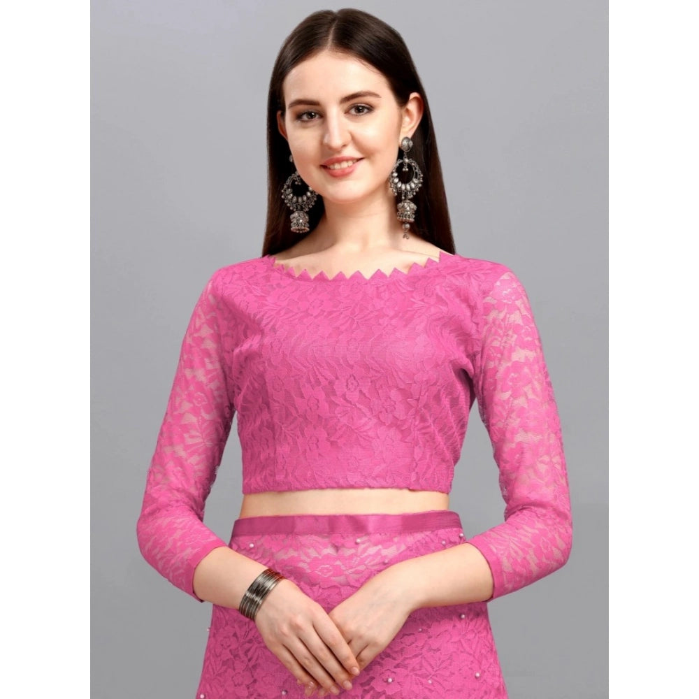 Women's Net Self Design Saree With Unstitched Blouse 5.5Mtr闁?Dark Pink)