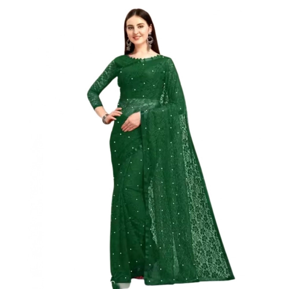 Women's Net Self Design Saree With Unstitched Blouse 5.5Mtr闁?Green)