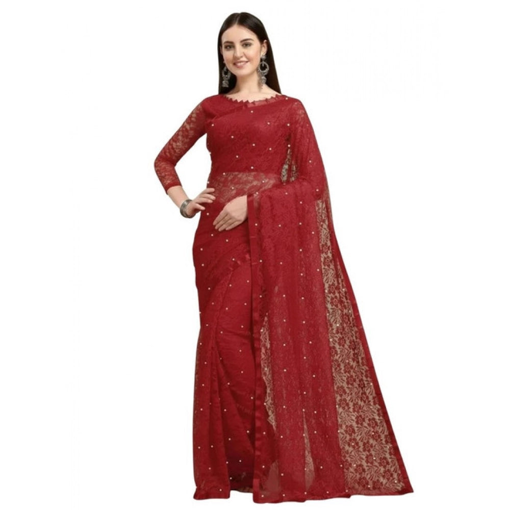 Women's Net Self Design Saree With Unstitched Blouse 5.5Mtr闁?Maroon)