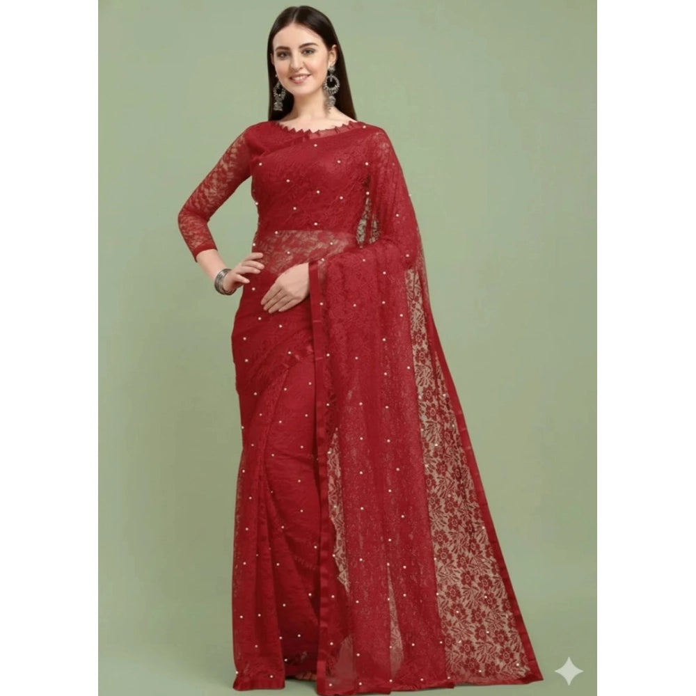 Women's Net Self Design Saree With Unstitched Blouse 5.5Mtr闁?Maroon)