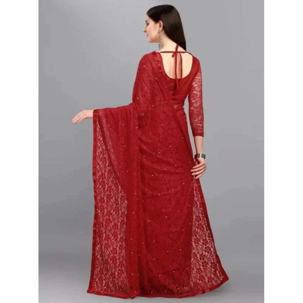 Women's Net Self Design Saree With Unstitched Blouse 5.5Mtr闁?Maroon)