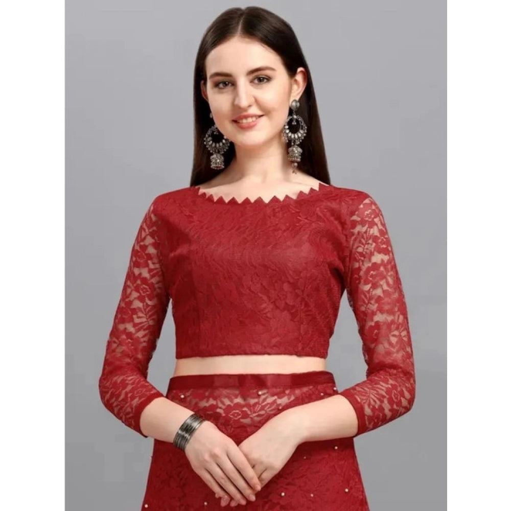 Women's Net Self Design Saree With Unstitched Blouse 5.5Mtr闁?Maroon)