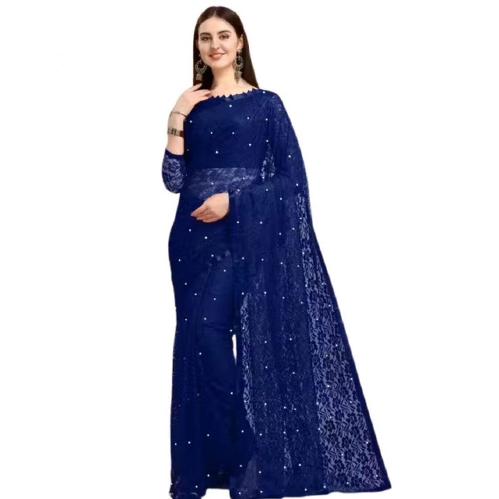 Women's Net Self Design Saree With Unstitched Blouse 5.5Mtr闁?Navy Blue)