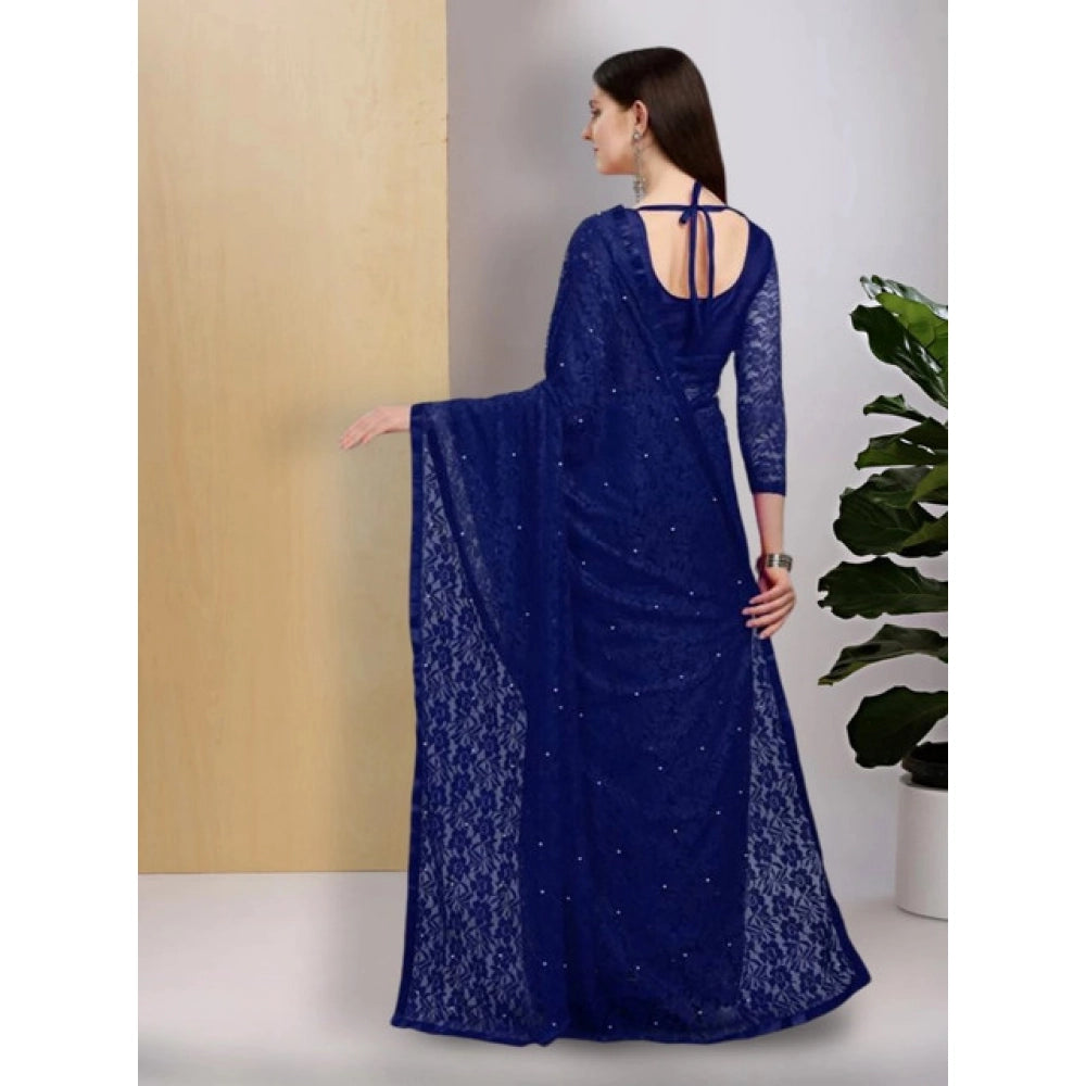 Women's Net Self Design Saree With Unstitched Blouse 5.5Mtr闁?Navy Blue)