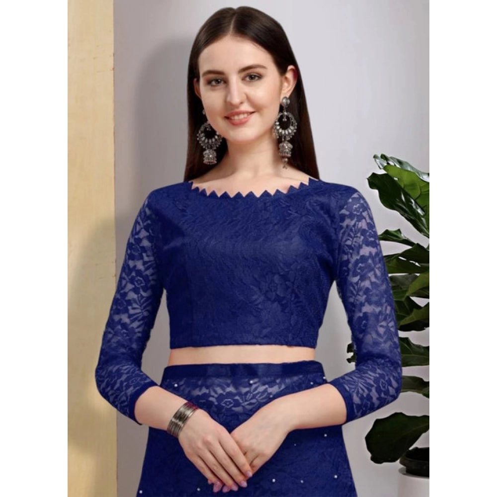 Women's Net Self Design Saree With Unstitched Blouse 5.5Mtr闁?Navy Blue)