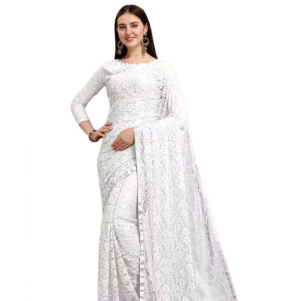 Women's Net Self Design Saree With Unstitched Blouse 5.5Mtr闁?White)