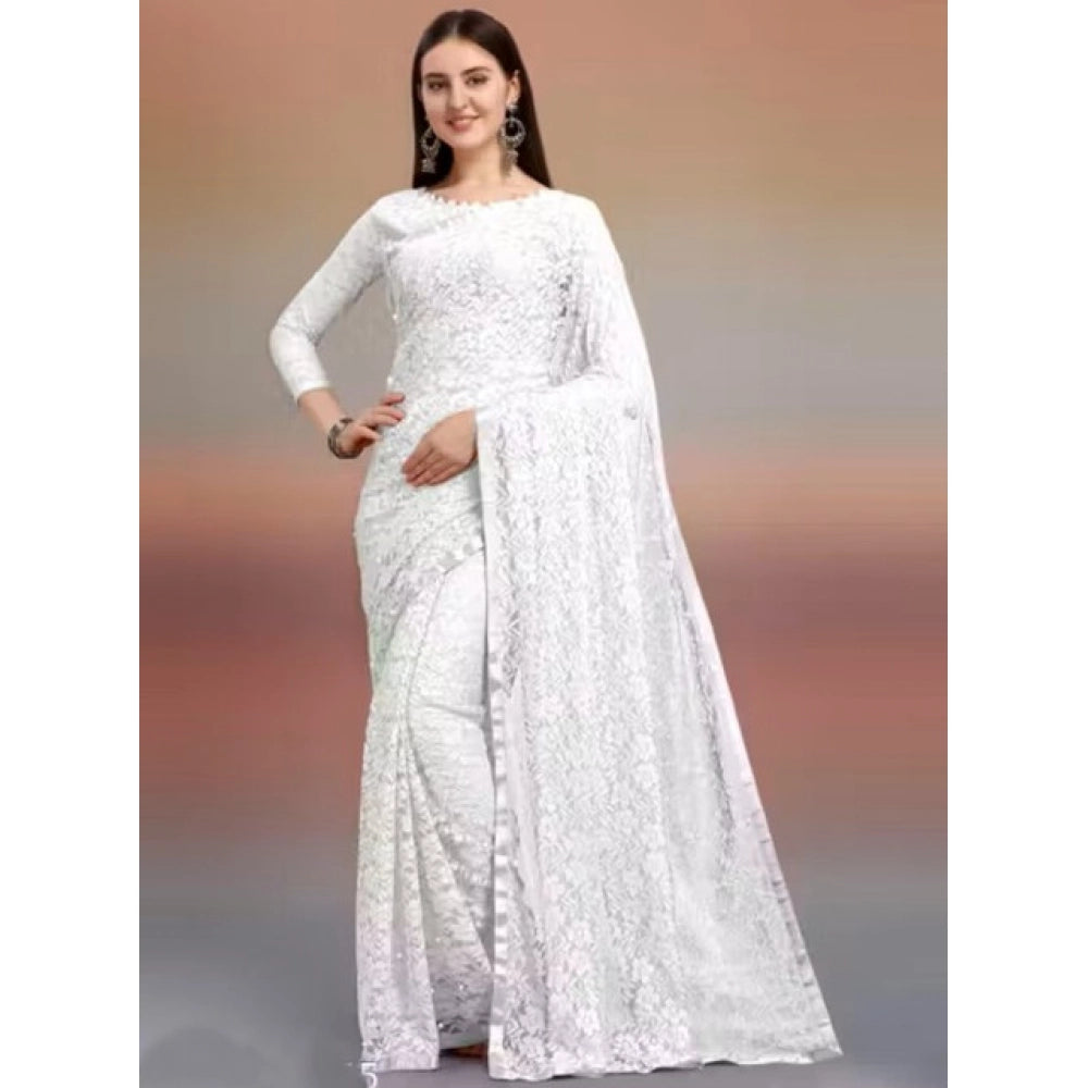 Women's Net Self Design Saree With Unstitched Blouse 5.5Mtr闁?White)