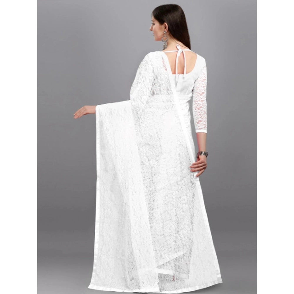 Women's Net Self Design Saree With Unstitched Blouse 5.5Mtr闁?White)