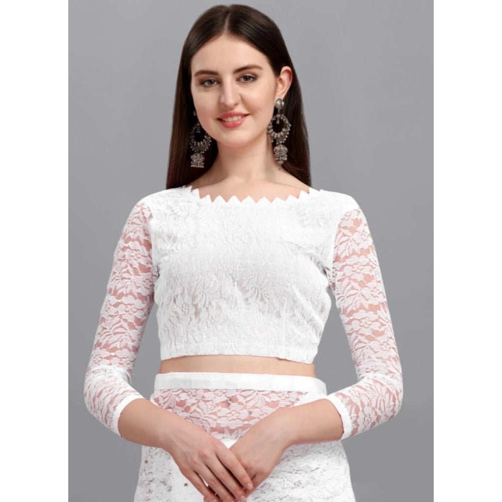 Women's Net Self Design Saree With Unstitched Blouse 5.5Mtr闁?White)