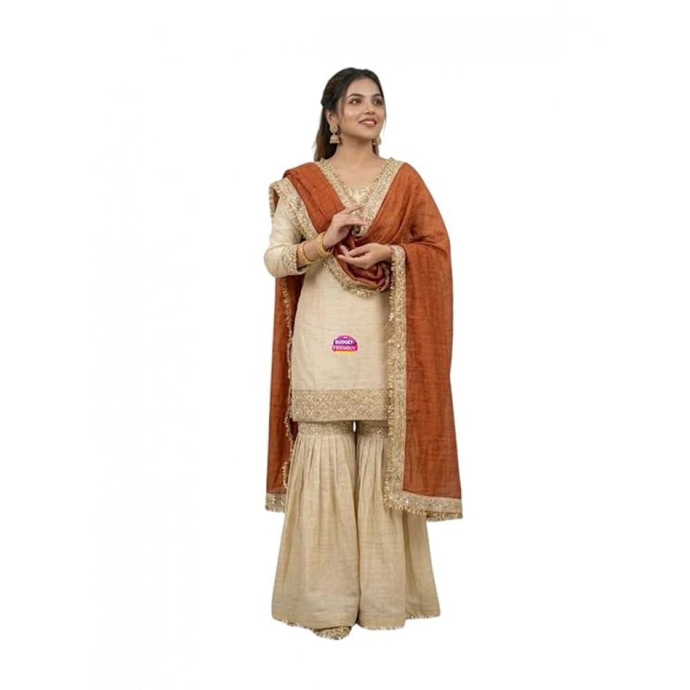 HD Women's Silk Embroidered 3/4th Sleeve V-Neck Kurti With Sharara Pant and Dupatta Set (Cream &amp; Orange)