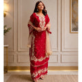 HD Women's Silk Embroidered 3/4th Sleeve Round Readymade Kurti With Palazzo Pant and Dupatta Set (Red)