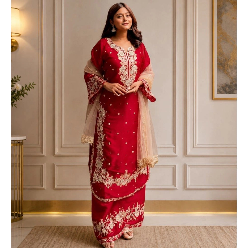 HD Women's Silk Embroidered 3/4th Sleeve Round Readymade Kurti With Palazzo Pant and Dupatta Set (Red)