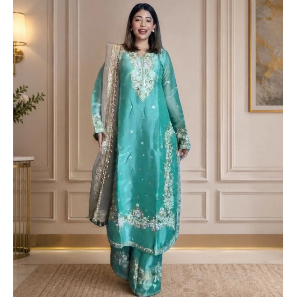 HD Women's Silk Embroidered 3/4th Sleeve Round Readymade Kurti With Palazzo Pant and Dupatta Set (Sea Green)