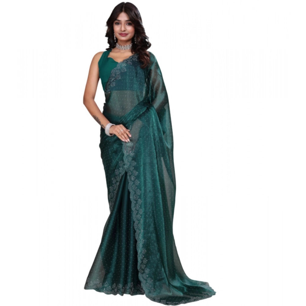 Women's Jimmy choo Embellished Bollywood Saree With Unstitched Blouse 5.5Mtr (Green)