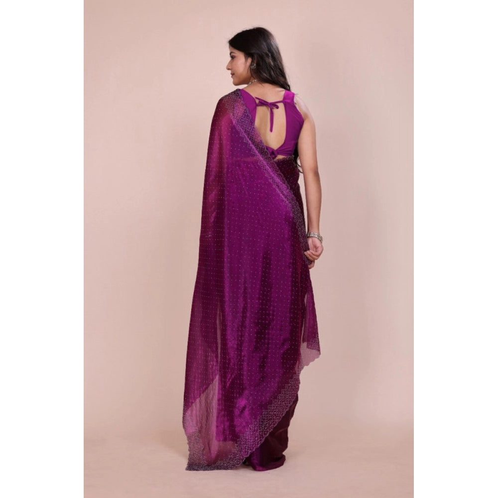 Women's Jimmy choo Embellished Bollywood Saree With Unstitched Blouse 5.5Mtr (Purple)