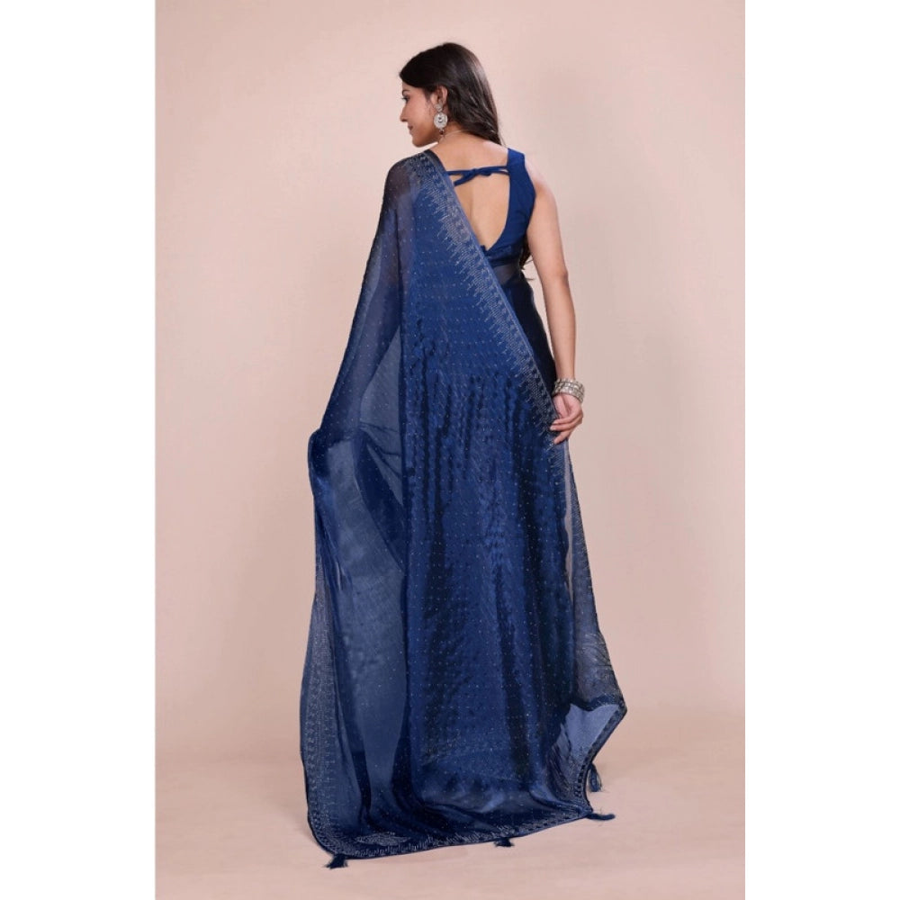 Women's Jimmy choo Embellished Bollywood Saree With Unstitched Blouse 5.5Mtr (Blue)
