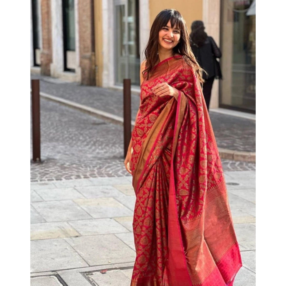 Women's Litchi silk Printed Saree With Unstitched Blouse (Red)