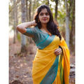 Women's Litchi silk Printed Saree With Unstitched Blouse (Yellow)