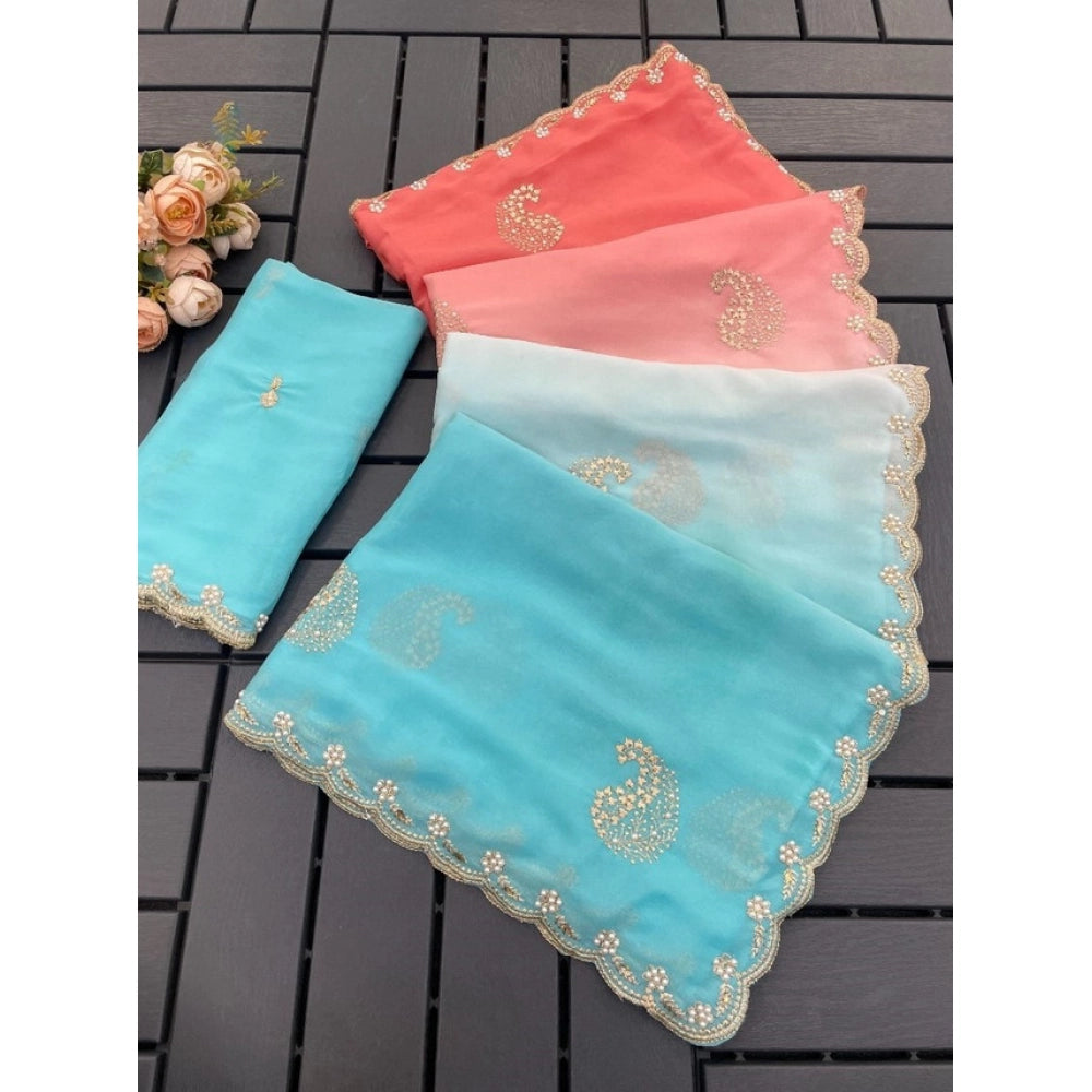 Women's Digital Printed闁?Geogette Saree With Unstitched Blouse (Blue, 5-6 Mtrs)