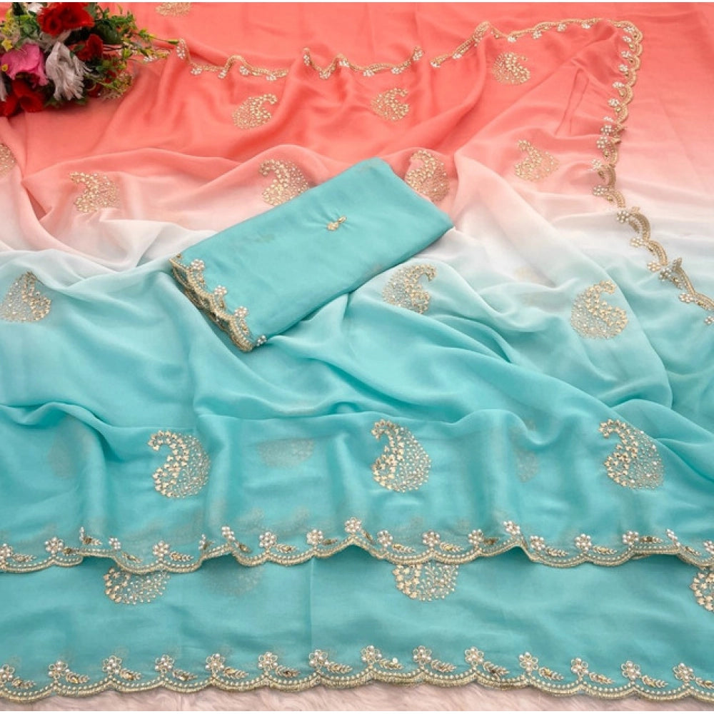 Women's Digital Printed闁?Geogette Saree With Unstitched Blouse (Blue, 5-6 Mtrs)