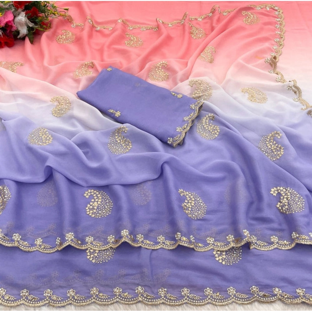 Women's Digital Printed闁?Geogette Saree With Unstitched Blouse (Purple, 5-6 Mtrs)