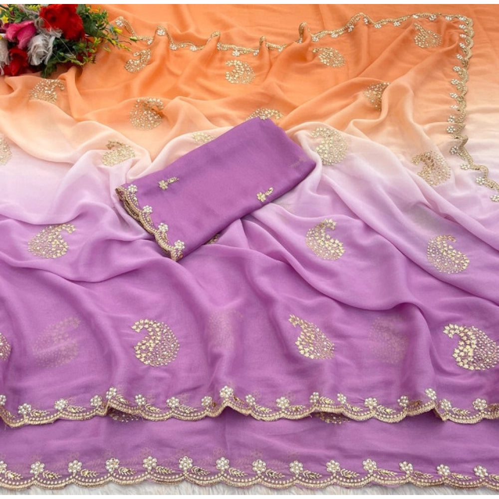 Women's Digital Printed闁?Geogette Saree With Unstitched Blouse (Wine, 5-6 Mtrs)