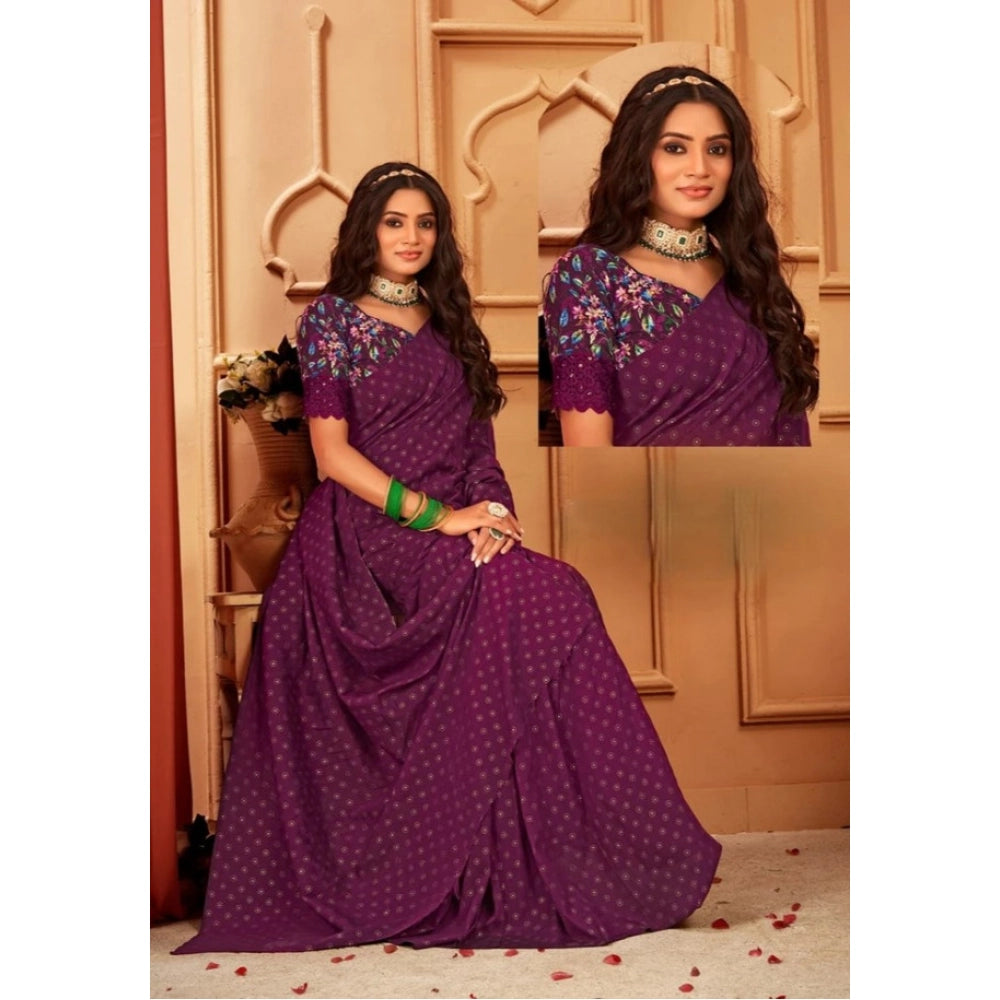 Women's Printed Brasso Saree With Unstitched Blouse (Magenta, 5-6 Mtrs)