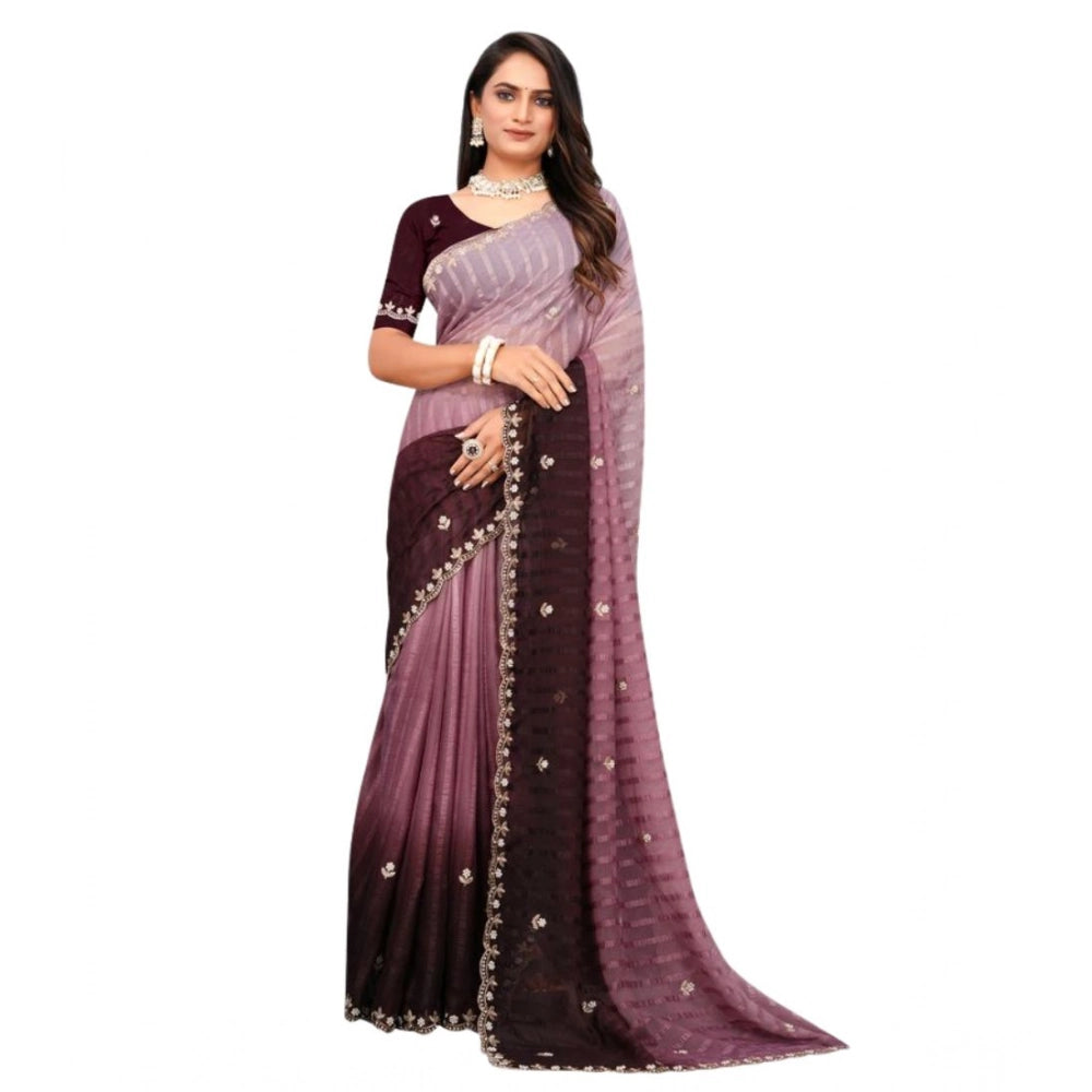 Women's Chiffon Embroidred Saree With Unstitched Blouse 5.5Mtr (Beige)