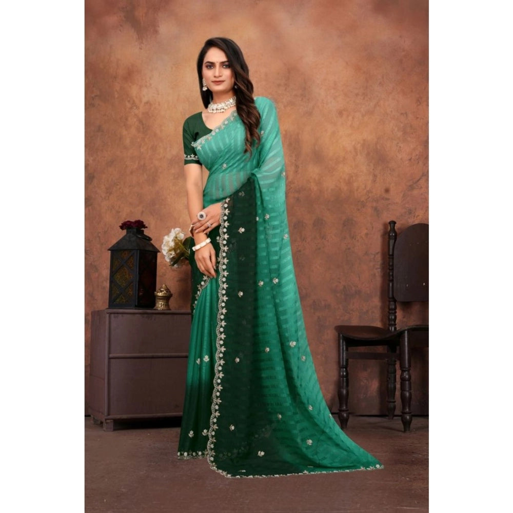 Women's Chiffon Embroidred Saree With Unstitched Blouse 5.5Mtr (Dark Green)
