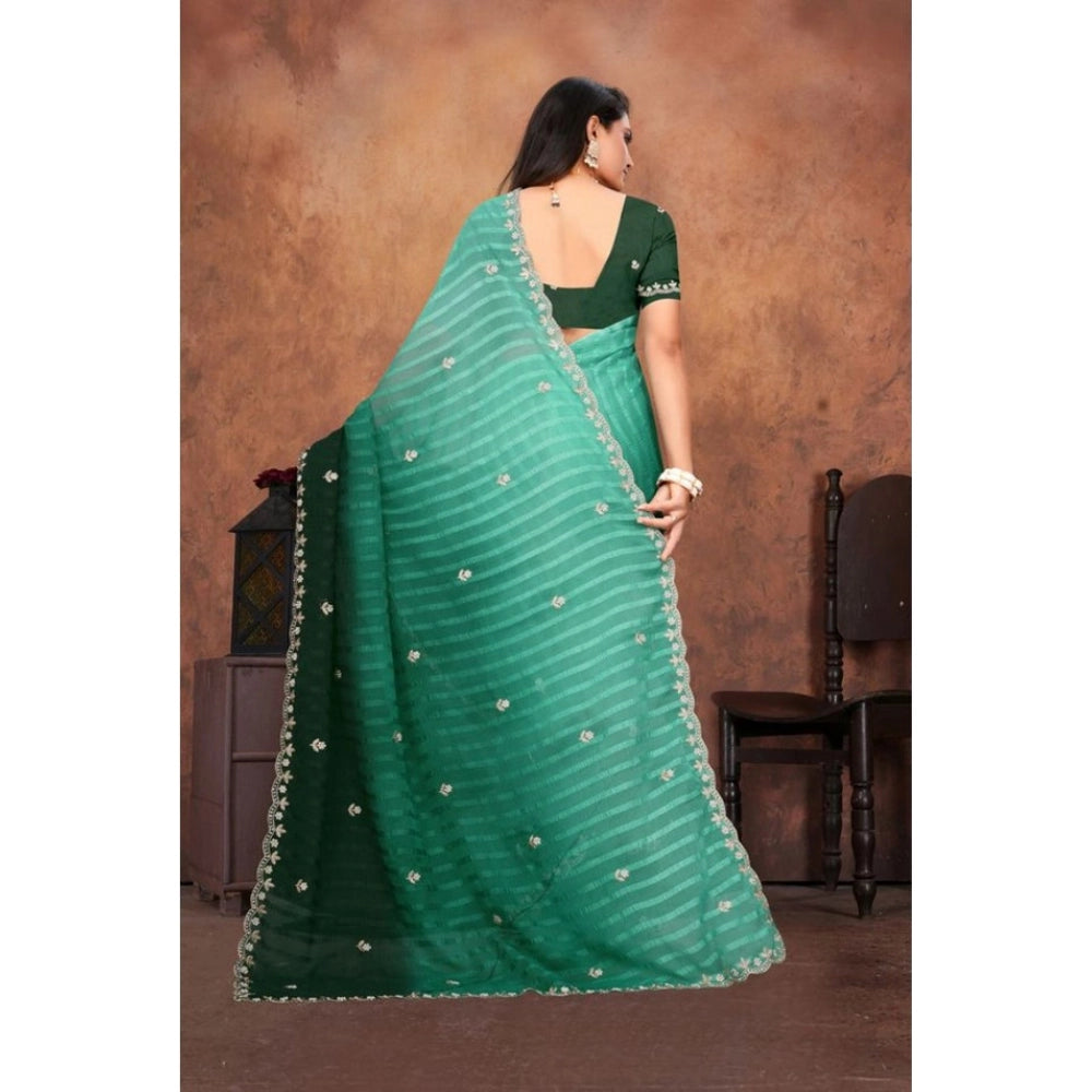 Women's Chiffon Embroidred Saree With Unstitched Blouse 5.5Mtr (Dark Green)