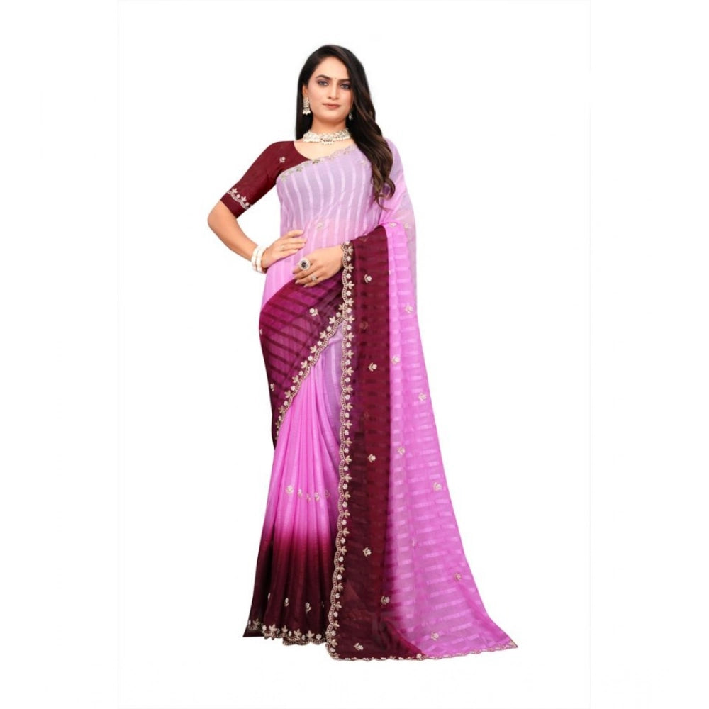 Women's Chiffon Embroidred Saree With Unstitched Blouse 5.5Mtr (Pink)
