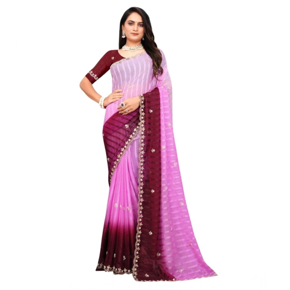 Women's Chiffon Embroidred Saree With Unstitched Blouse 5.5Mtr (Pink)