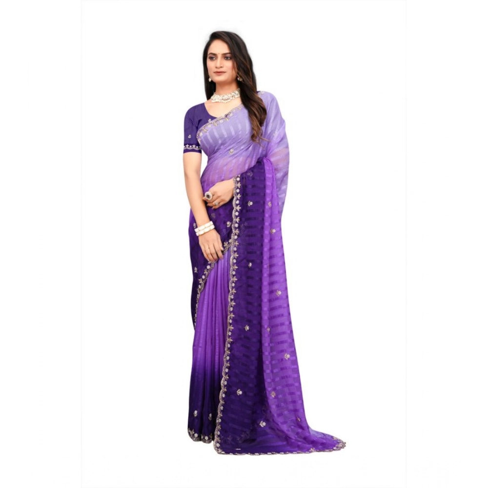 Women's Chiffon Embroidred Saree With Unstitched Blouse 5.5Mtr (Purple)