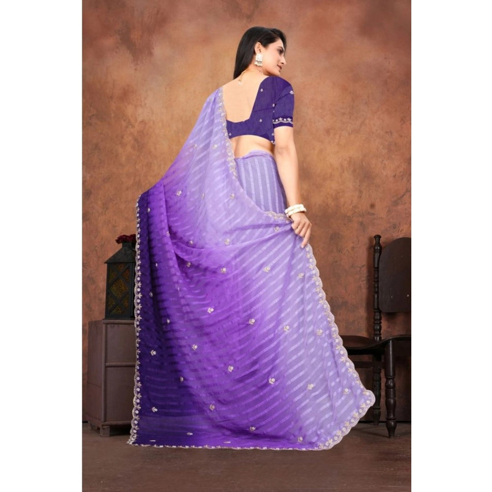 Women's Chiffon Embroidred Saree With Unstitched Blouse 5.5Mtr (Purple)
