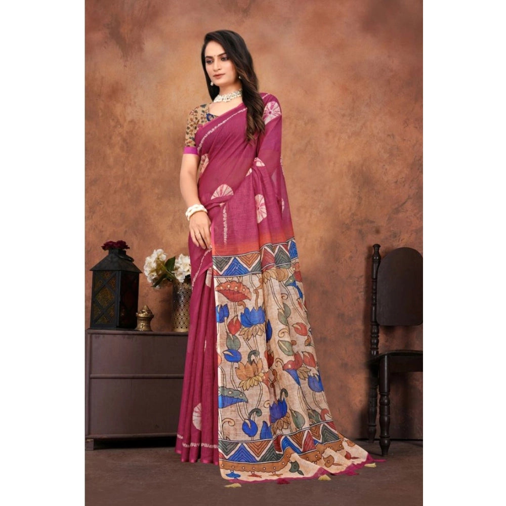 Women's Linen Printed Saree With Unstitched Blouse 5.5Mtr (Purple)