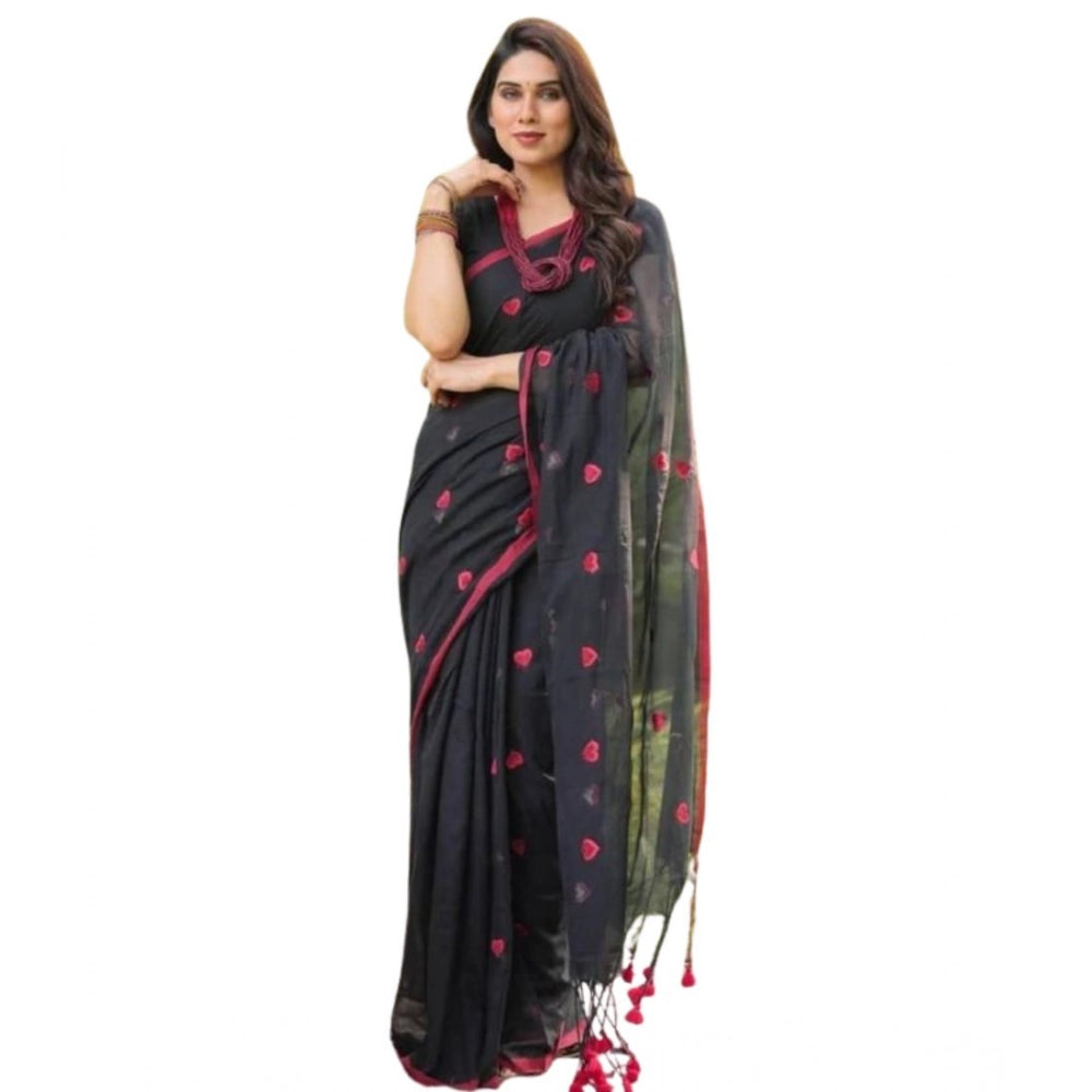 Women's Linen Printed Saree With Unstitched Blouse 5.5Mtr (Black)