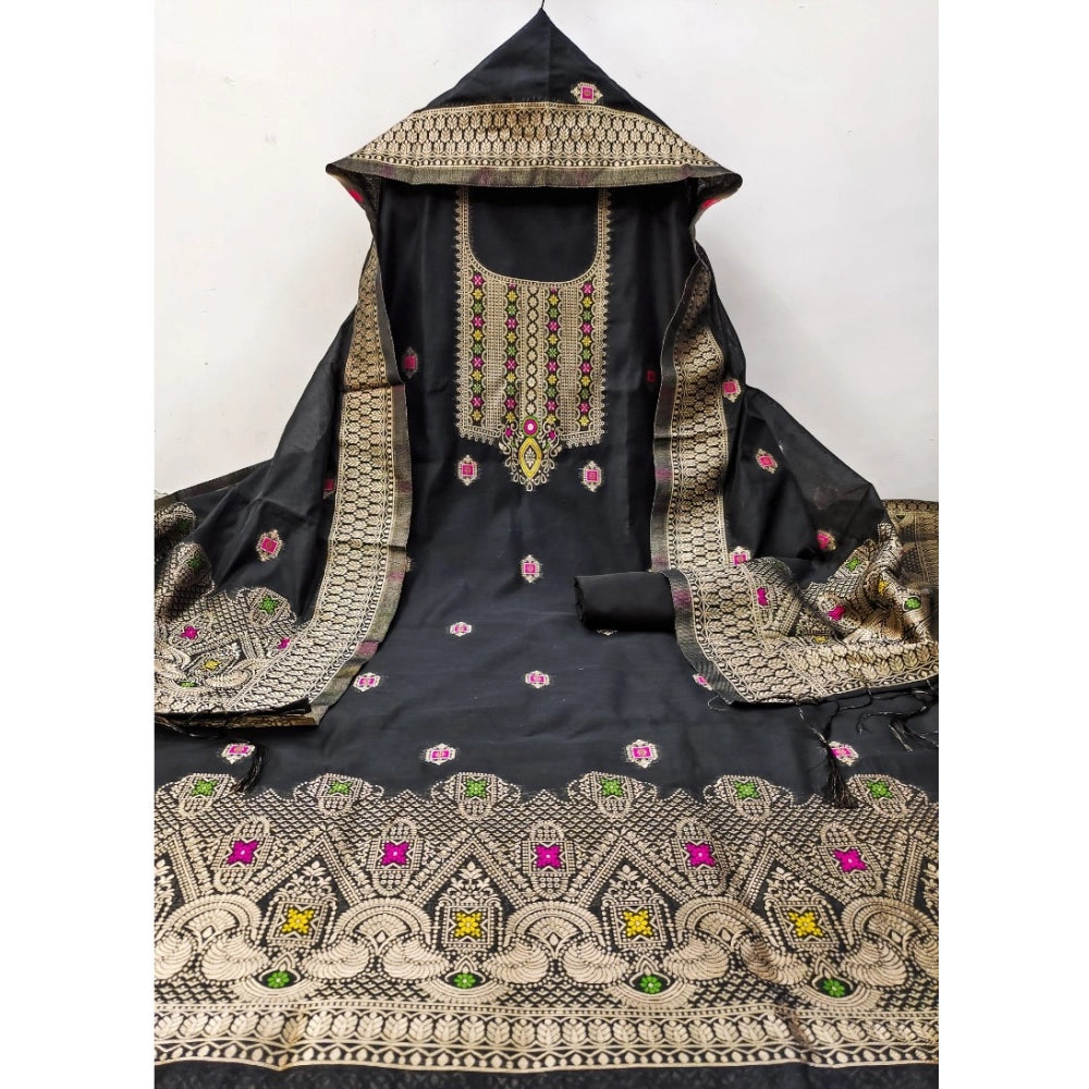 HD Women's Banarasi Silk Printed Unstitched Salwar Suit Material With Dupatta (Black, 3Mtrs)