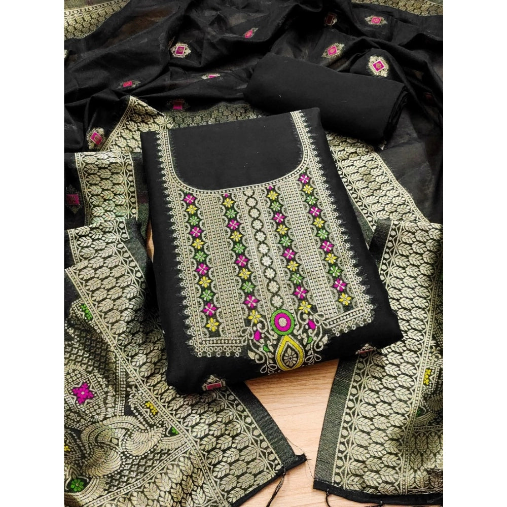 HD Women's Banarasi Silk Printed Unstitched Salwar Suit Material With Dupatta (Black, 3Mtrs)