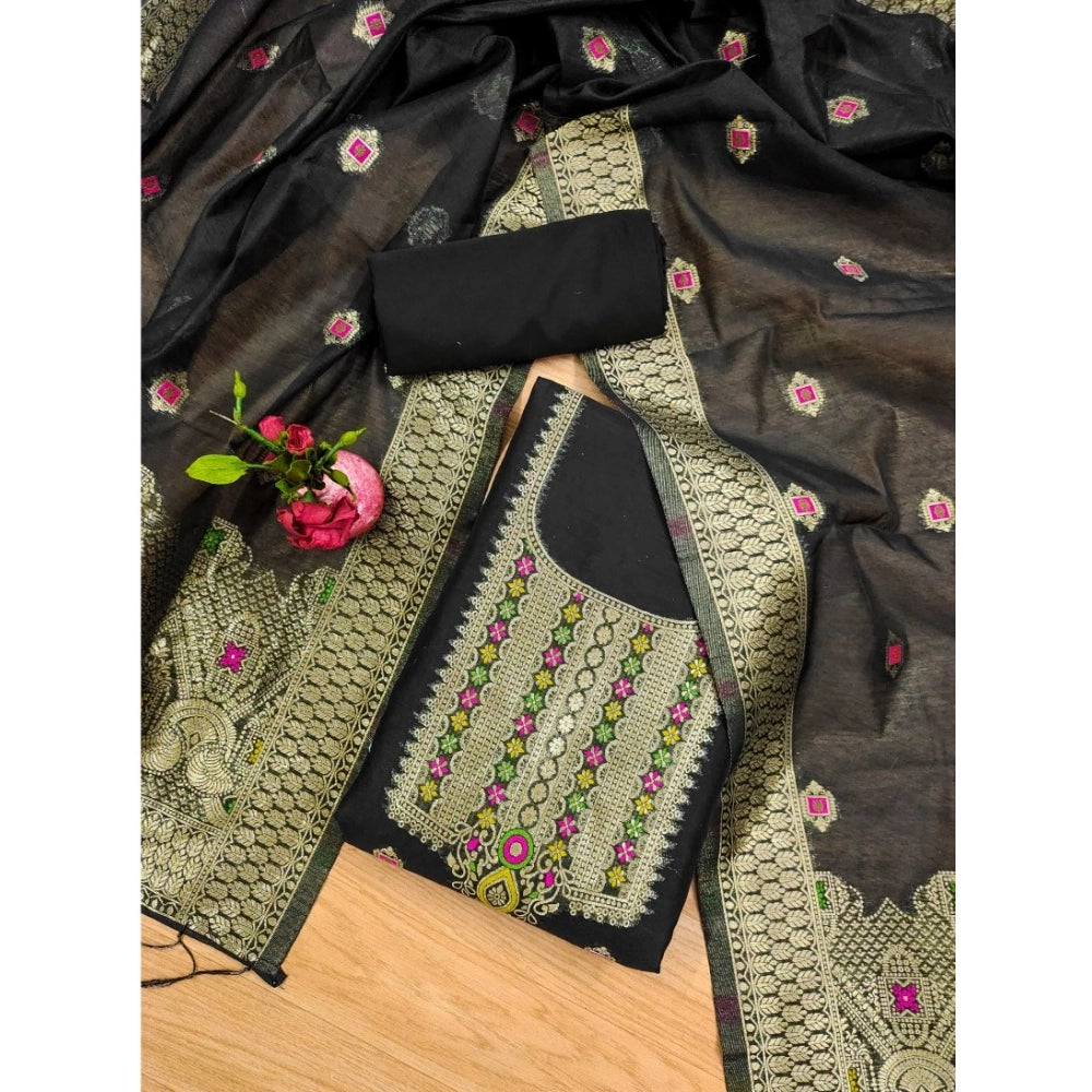 HD Women's Banarasi Silk Printed Unstitched Salwar Suit Material With Dupatta (Black, 3Mtrs)