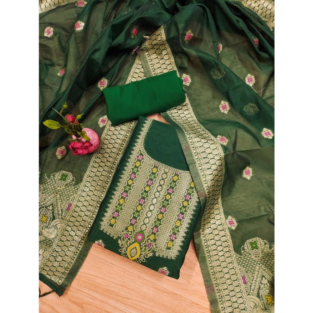 HD Women's Banarasi Silk Printed Unstitched Salwar Suit Material With Dupatta (Bottle Green, 3Mtrs)