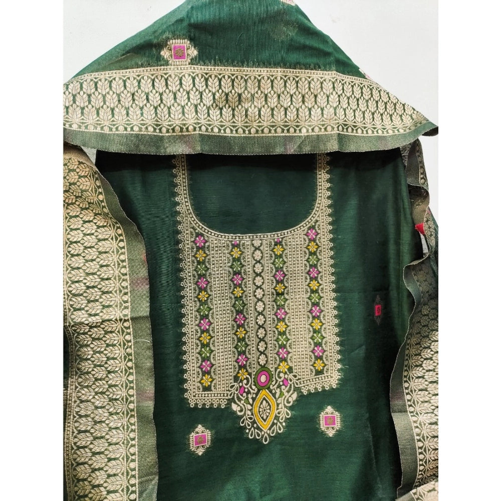 HD Women's Banarasi Silk Printed Unstitched Salwar Suit Material With Dupatta (Bottle Green, 3Mtrs)